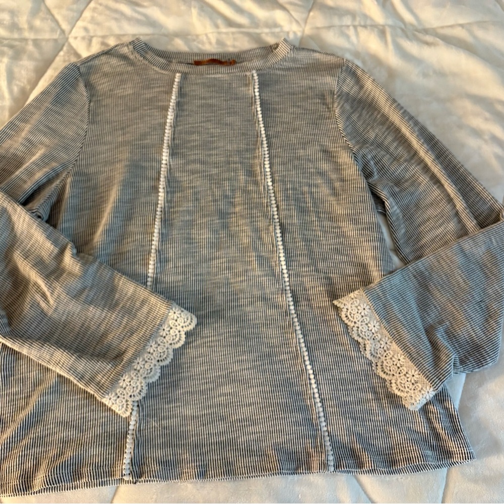 Belldini XL Black and White Striped Top with Lace Detail